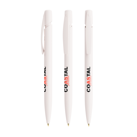 Trois stylos BIC Media Clic Ecolutions Plus blancs alignés, chacun avec personnalisation visible sur le corps sous le clip.