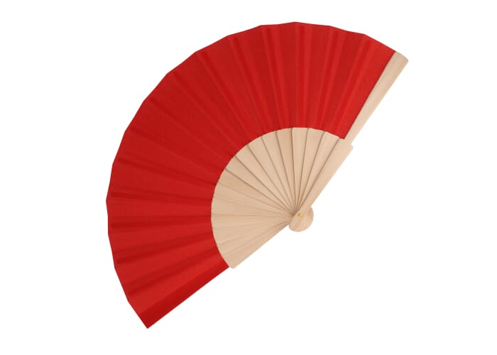 Éventail promotionnel coloré en bois et polyester recyclé Rouge