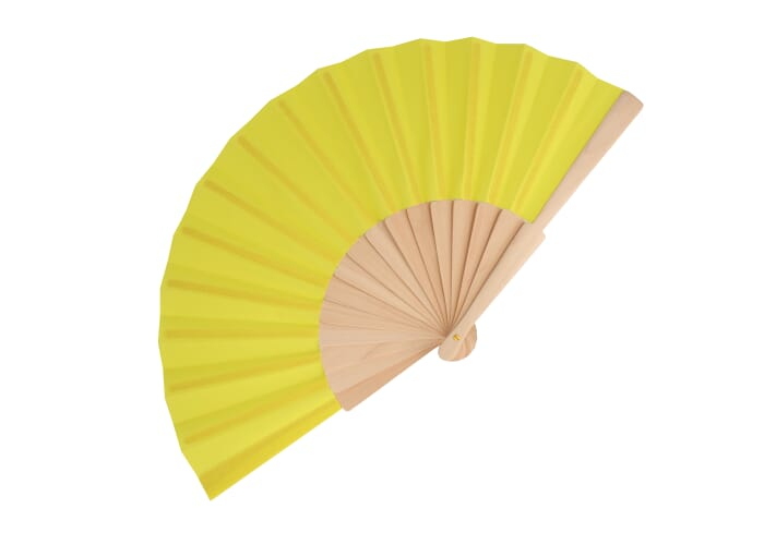 Éventail promotionnel coloré en bois et polyester recyclé Jaune