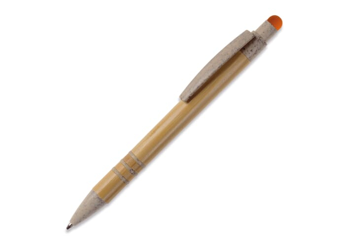 Stylo-stylet à bille publicitaire en bambou et paille de blé Beige/Orange