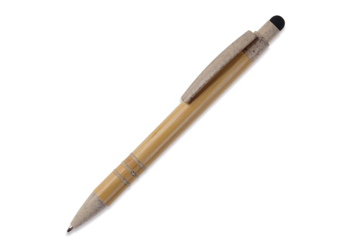 Stylo-stylet à bille publicitaire en bambou et paille de blé Beige/Noir