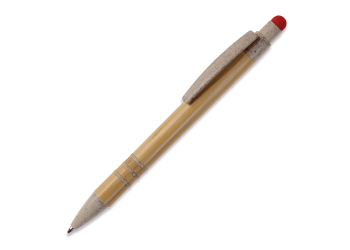Stylo-stylet à bille publicitaire en bambou et paille de blé Beige/Rouge