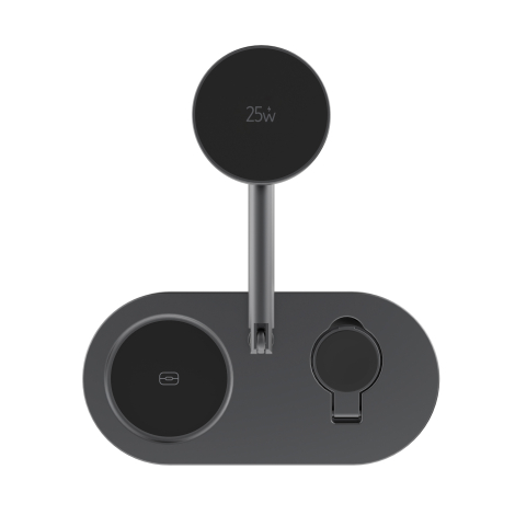 Vue de dessus du chargeur mettant en évidence les zones de charge sur le socle et le support vertical, sans personnalisation vis