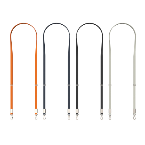 Quatre lanières alignées en différentes couleurs avec attaches métalliques visibles, sur fond clair, sans marquage apparent.