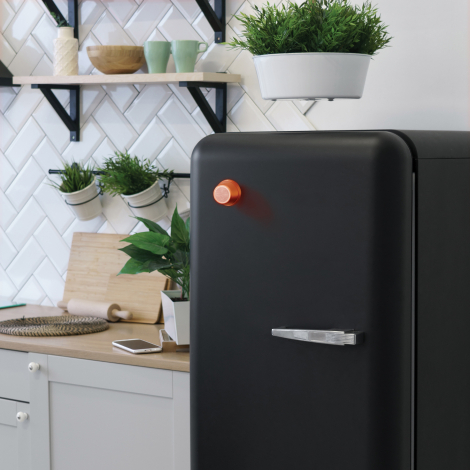 Haut-parleur fixé sur une porte de réfrigérateur dans une cuisine, en situation d’usage, sans marquage visible.