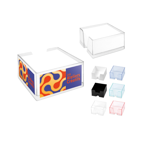 Bloc papier présenté en différent coloris. Zoom sur le coloris blanc avec marquage visible