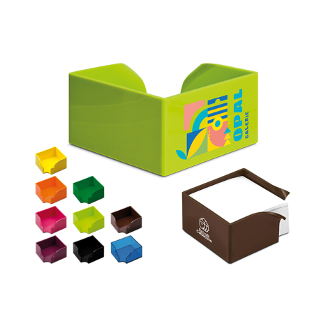porte bloc papier avec zoom sur coloris vert et marron marquage visible et les différents coloris représenté en dessous en petit