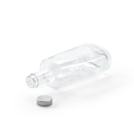Bouteille en verre transparente couchée avec bouchon séparé montrant l’ouverture du col, sans personnalisation visible