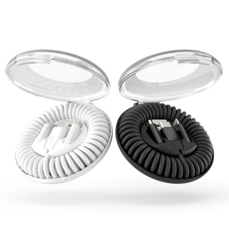 Deux boîtiers ronds ouverts, un blanc et un noir, avec câble enroulé et connecteurs intégrés, présentés en suspension sans marqu