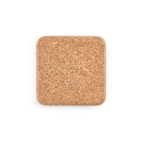 Vue de dessous d’un support carré en liège présenté seul sur fond neutre, sans personnalisation apparente