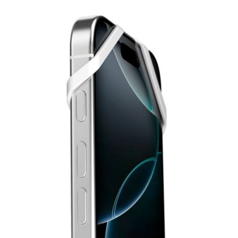 Vue latérale d’un smartphone avec cordon blanc fixé aux coins de la coque, sans personnalisation visible