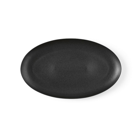 Vue de dessus d’un plat ovale en céramique noire, sans personnalisation visible