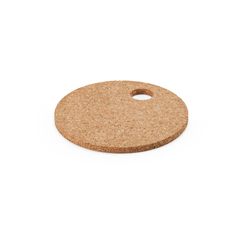Dessous de plat rond en liège présenté en légère perspective sur fond neutre, sans personnalisation visible