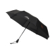 Parapluie noir ouvert incliné sur fond neutre avec personnalisation visible en couleur sur un panneau de la toile Parapluie noir ouvert incliné sur fond neutre avec personnalisation visible en couleur sur un panneau de la toile