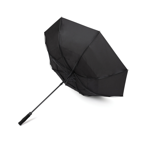 Parapluie noir ouvert vu de dessous montrant la structure interne, sans marquage visible