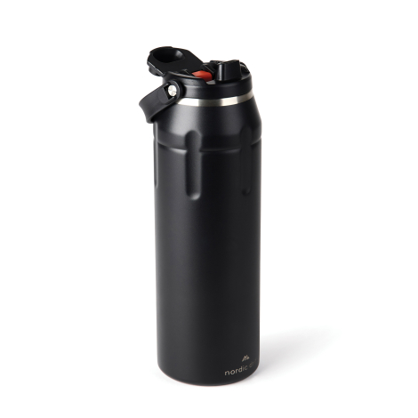 Gourde isotherme noire avec bouchon ouvert sur fond neutre, sans personnalisation apparente