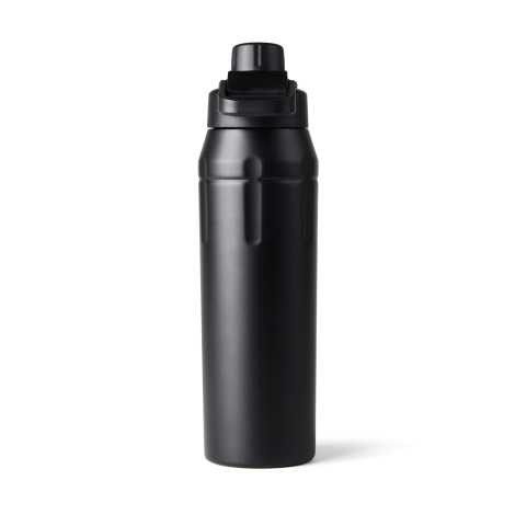 Bouteille sport noire vue de face sur fond neutre sans marquage visible