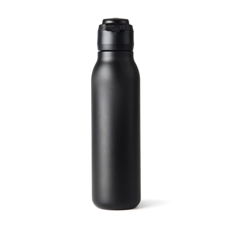 Bouteille noire vue de face avec bouchon fermé sur fond neutre, sans personnalisation visible