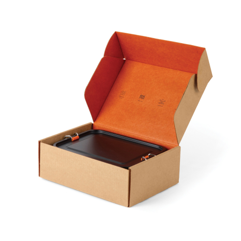 Packaging produit ouvert avec boîte repas à l’intérieur, sans personnalisation visible