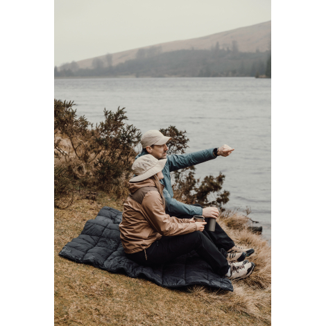 Couverture posée au sol avec deux personnes assises dessus en extérieur sans personnalisation visible
