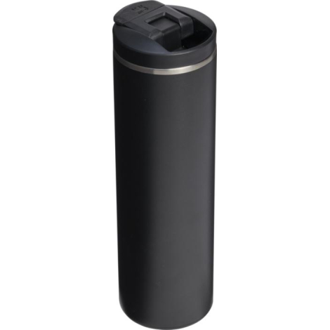 Gobelet isotherme sombre présenté de face, avec couvercle fermé, surface unie et aucune personnalisation visible.