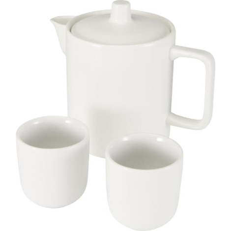 Théière et deux tasses en céramique présentées de face, sans personnalisation visible.