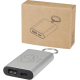 Batterie de secours en aluminium avec anneau porte-clés, vue de face avec packaging en arrière-plan et personnalisation visible 