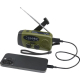 Radio d’urgence reliée à un smartphone par câble en situation d’utilisation, sans marquage visible sur le produit.