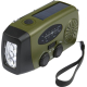 Radio d’urgence verte avec lampe frontale allumée, présentée en vue de trois quarts, sans personnalisation apparente.