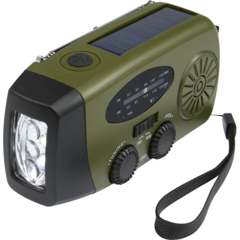 Radio d’urgence verte avec lampe frontale allumée, présentée en vue de trois quarts, sans personnalisation apparente.