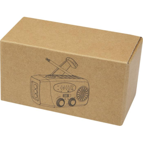 Boîte en carton du produit avec illustration de la radio d’urgence, sans personnalisation visible.