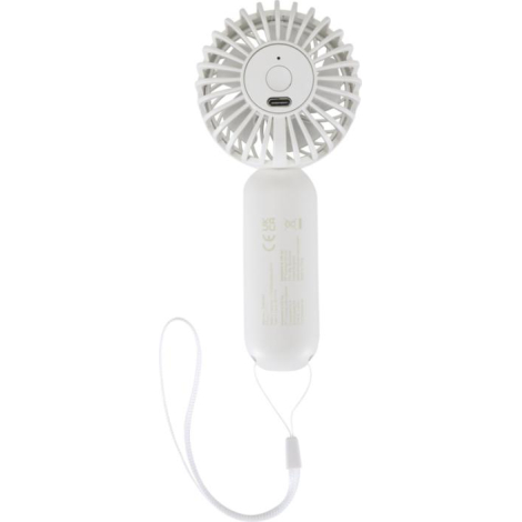 Ventilateur portable blanc présenté en vue arrière, sans personnalisation visible.