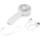 Ventilateur portable blanc avec câble de chargement posé à côté, sans marquage apparent.