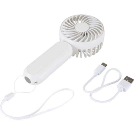 Ventilateur portable blanc avec câble de chargement posé à côté, sans marquage apparent.
