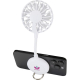 Ventilateur portable blanc fixé à un smartphone par base magnétique, vu de face avec personnalisation visible sur la base.