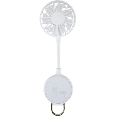 Ventilateur portable blanc présenté de dos, surface unie sans marquage visible.