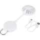 Ventilateur portable blanc avec câble de chargement posé à côté, sans personnalisation apparente.