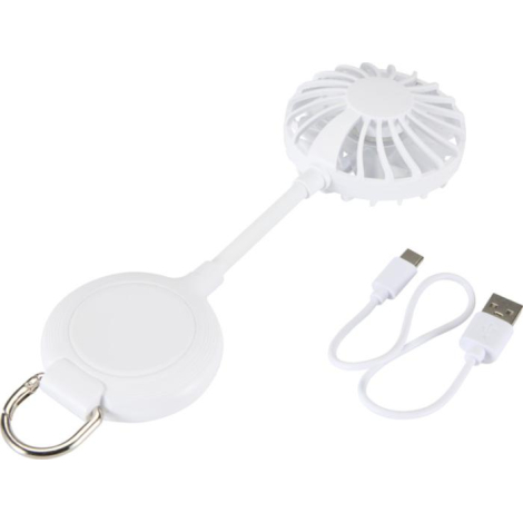 Ventilateur portable blanc avec câble de chargement posé à côté, sans personnalisation apparente.