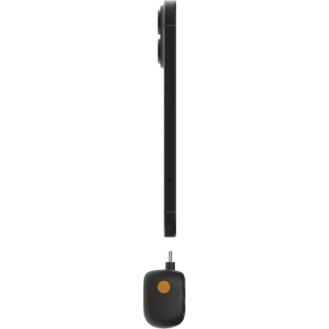 Batterie de secours placée sous un smartphone, illustrant son format compact et son connecteur intégré, sans marquage apparent.