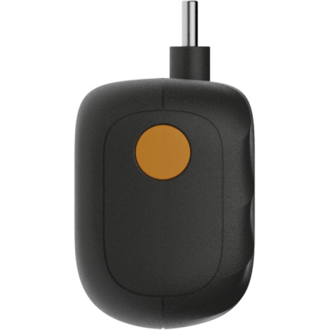 Batterie de secours présentée de profil avec bouton d’alimentation visible, sans marquage apparent.