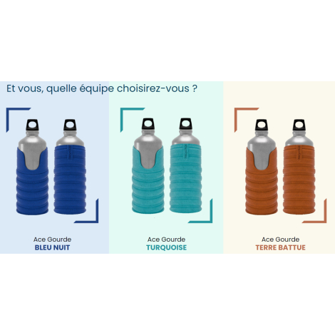 Trois gourdes en métal avec manchon texturé en bleu foncé, turquoise et brun, vues de face et de dos, sans personnalisation visi