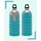Deux gourdes en métal avec manchon turquoise, vues de face et de dos, bouchon noir avec anse, sans personnalisation visible.