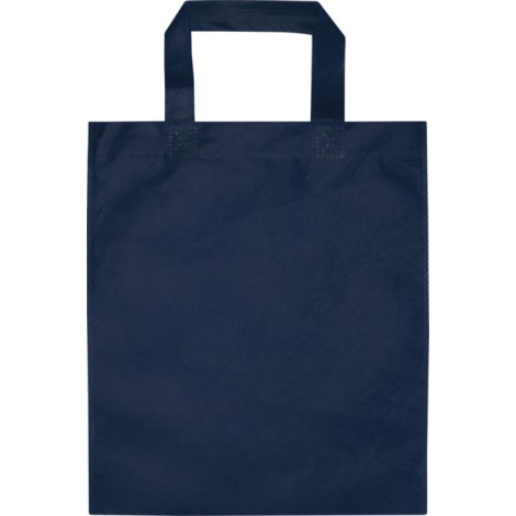 Sac shopping bleu vu de face avec anses courtes, présenté sans personnalisation apparente.