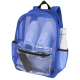 Sac à dos bleu avec compartiment principal contenant une paire de chaussures et une gourde latérale, présenté sans personnalisat