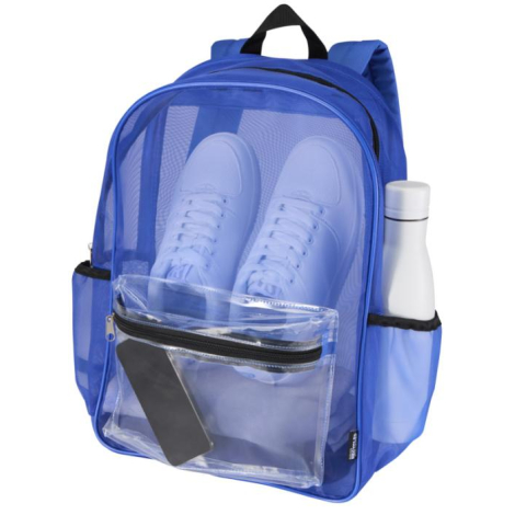 Sac à dos bleu avec compartiment principal contenant une paire de chaussures et une gourde latérale, présenté sans personnalisat