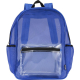 Sac à dos bleu vu de face avec poche frontale transparente, présenté sans personnalisation visible.