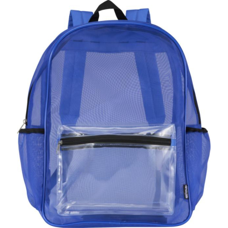 Sac à dos bleu vu de face avec poche frontale transparente, présenté sans personnalisation visible.