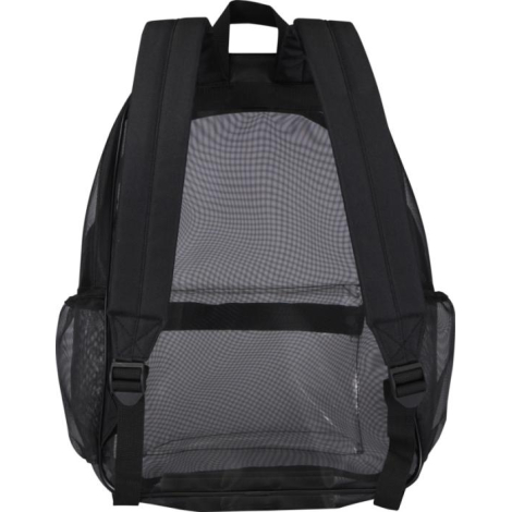 Vue arrière d’un sac à dos noir avec bretelles réglables rembourrées, sans personnalisation apparente.