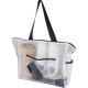 Sac shopping transparent avec anses noires et poche frontale transparente, contenant plusieurs objets et présenté sans marquage Sac shopping transparent avec anses noires et poche frontale transparente, contenant plusieurs objets et présenté sans marquage