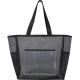 Sac shopping en mesh noir vu de face avec poche frontale transparente, présenté sans personnalisation visible. Sac shopping en mesh noir vu de face avec poche frontale transparente, présenté sans personnalisation visible.